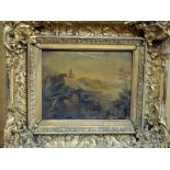 Early 19th Century School, continental landscape with figures, oil on board, 13 x 17 cm in moulded