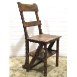 An oak metamorphic library chair/steps, with chip/notched carved framework,