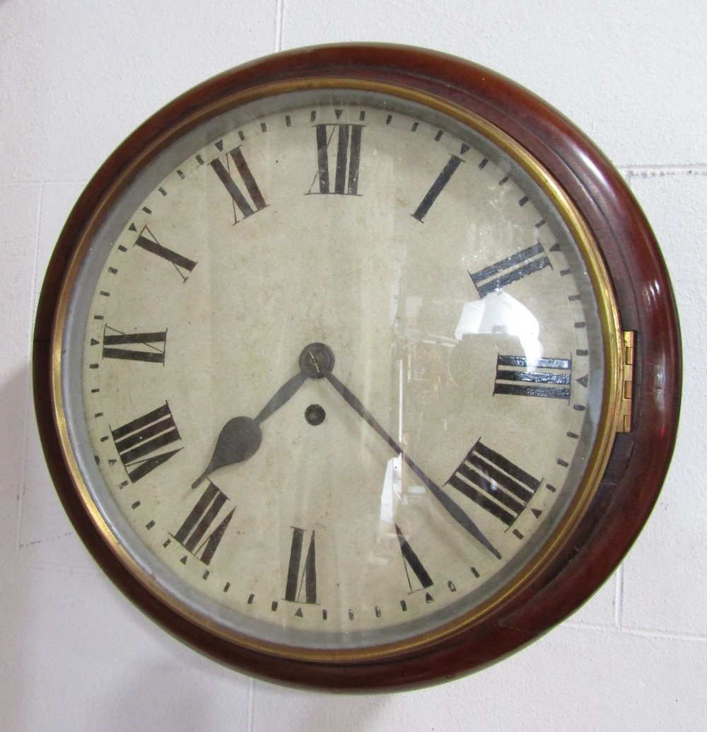 Mahogany single fusee wall clock, the twelve inch painted dial with Roman numerals, key