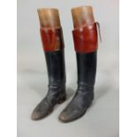 Pair of vintage black leather hunting boots with brown uppers, with trees, by Jackson, 4 Avery