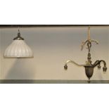 An Edwardian brass three branch hanging ceiling light together with one other with domed moulded
