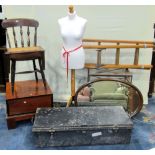 One lot of misc items to include a Windsor stained elm and beechwood kitchen chair, oval wall mirror