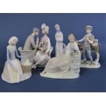 A Lladro figure group of male and female characters and a dog, seated on a love seat, together
