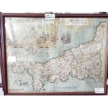 William Kip - 17th century coloured engraved map of Cornwall, 30 x 40.5cm, framed