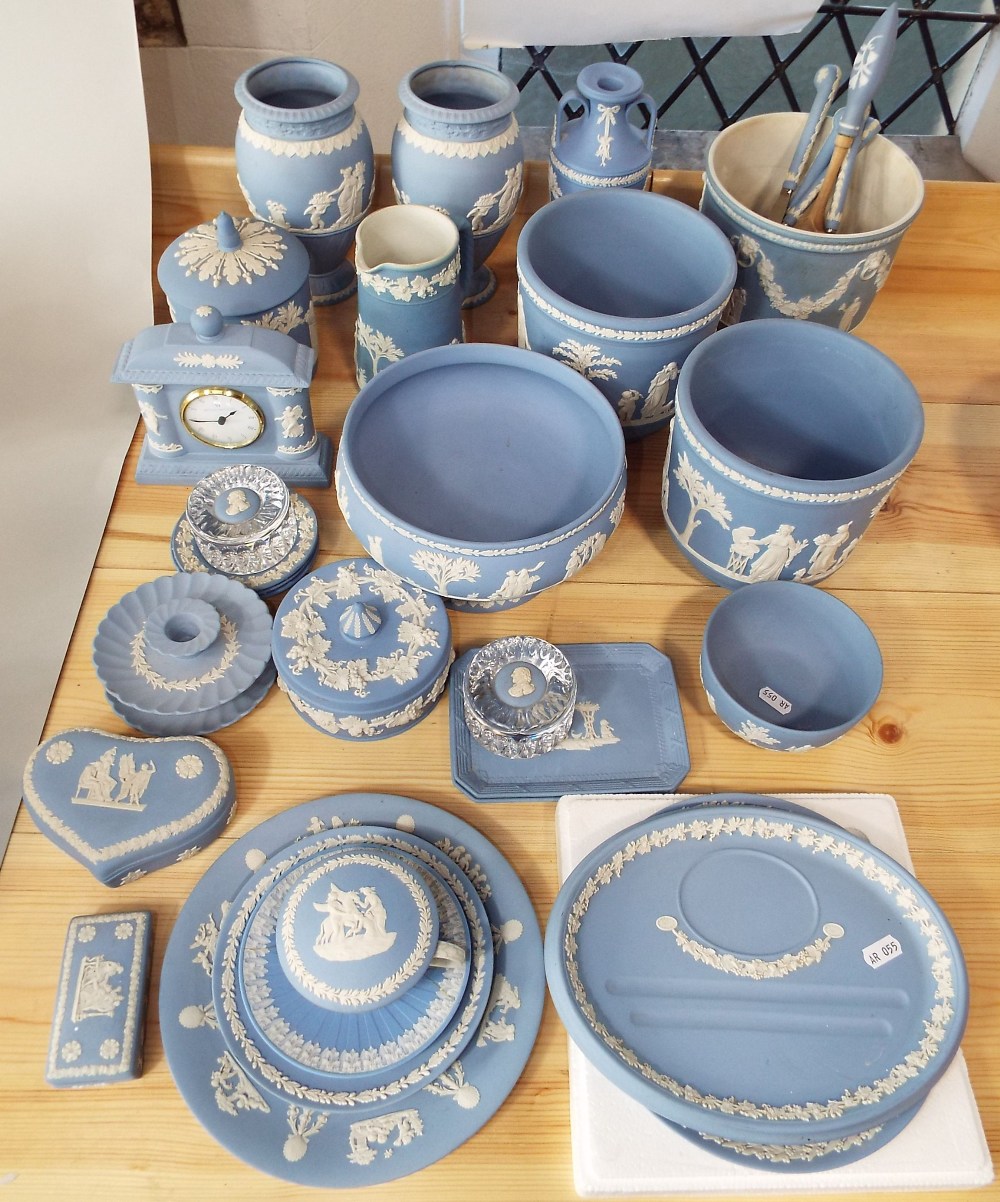 A collection of Wedgwood blue ground Jasperwares including a pair of cachepot, further cachepot, - Image 3 of 3