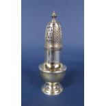 George II silver squat baluster caster, with typical pierced top and engraved with the crest of a
