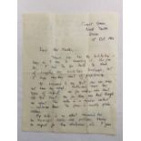 A handwritten and signed letter by Ted Hughes (poet and writer, 1930-98) to Mrs Masters, dated