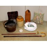 A box of miscellaneous items to include a stripped pine wall mounted candle box, a copper helmet