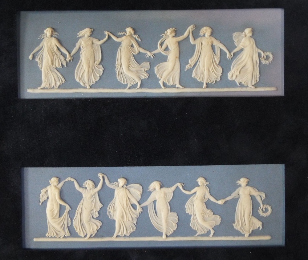 A pair of Wedgwood blue ground Jasperware plaques showing dancing classical female figures (in one - Image 5 of 7