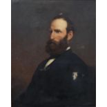 19th century British school - Half length portrait of a seated male figure in profile, oil on
