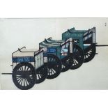 A set of four 20th century oriental school coloured prints of modes of transport, with character