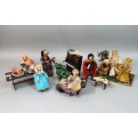 Small collection of handmade models including The Three Kings, Scrooge, ladies in period costumes,