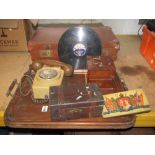 Mixed lot to include lathe bound trunk, Edwardian oak two handled tea tray, bakelite telephone