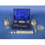 Cased part complete silver manicure set together with further silver plated items to include a