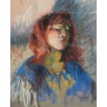 Manifold (20th century British) - Bust length study of a young woman in blue, pastel and charcoal on
