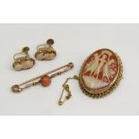 Group of 9ct jewellery comprising a cameo brooch depicting The Three Graces, together with a pair of