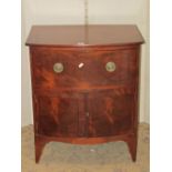 A low 19th century mahogany bow fronted and freestanding side cupboard, with four framed prints (5)