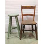 Five Windsor elm and beechwood kitchen chairs of varying design, together with a green painted