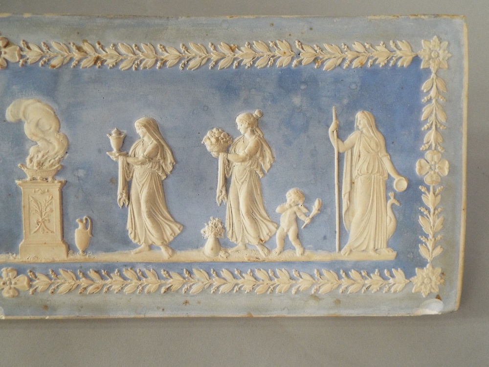 A pair of Wedgwood blue ground Jasperware plaques showing dancing classical female figures (in one - Image 3 of 7