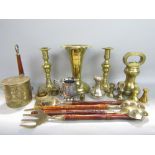 A box of metalware items to include brass weights, brass and turned wooden spoons, candlesticks, etc