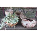A novelty garden planter in the form of a shell, together with three others of varying design, (