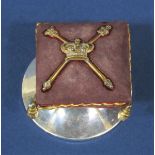 Interesting novelty Coronation silver pin cushion, the cushion with a gilt silver royal crest and