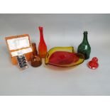 A mixed collection of glassware to include art glass bowl, bottle neck vase and pear shaped