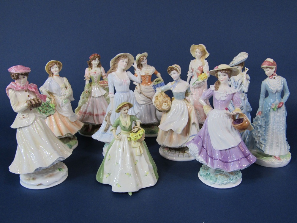 A collection of Royal Worcester figures of female characters including a set of four figures from
