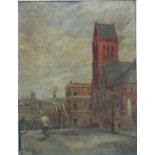 Fred Wackrill (20th century British School), City scene with cyclist, oil on board, signed and dated