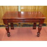 A late 19th century mahogany side table enclosing two cushion moulded drawers on turned forelegs,