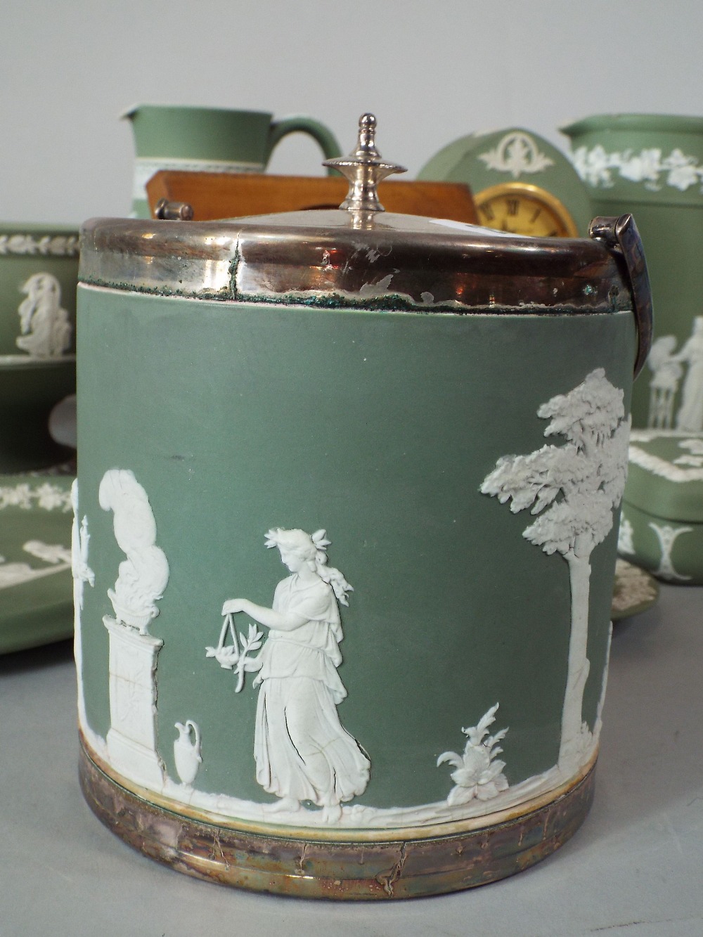 A collection of green ground Wedgwood Jasperwares including a biscuit barrel with plated mount and - Image 3 of 3