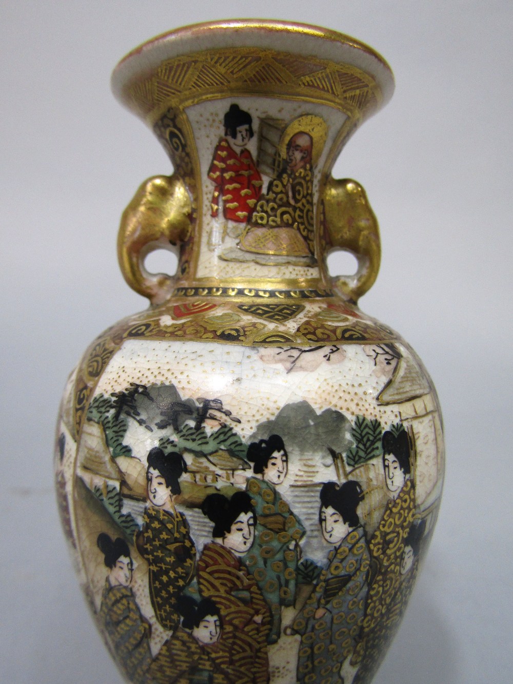 A pair of early 20th century Satsuma two handled vases with painted and gilded multiple figure - Image 2 of 4