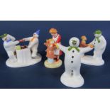 A collection of four Coalport Snowmen figures Pulling A Cracker, The Wrong Nose, Hug For Mum and How