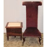 A Victorian Prie Dieu, with tapered velvet upholstered seat and T shaped back, raised on cabriole