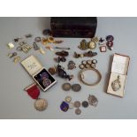 Box of interesting items to include various silver medallions, coins etc, with further bijouterie