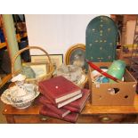 One lot of miscellaneous ceramics and glassware, partially housed within wicker baskets, a sabre,