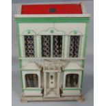 Vintage folk art Georgian style dolls house, unfurnished, with four rooms, glazed windows, curtains,