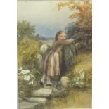 19th century British school - Study of a young girl beside a stony stile, watercolour and bodycolour