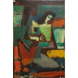 20th century modern school, abstract style study of a female figure, oil on board, indistinctly