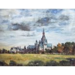Robert M Scott (British 20th century) - Landscape with ecclesiastical or college buildings, oil on