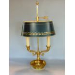 Good quality gilt brass toleware twin branch desk lamp, with painted shade and scrolled arms, 60
