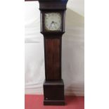 A Georgian oak longcase clock with simple column supports, the hood enclosing a 30cm square