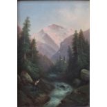 M Eye? (early 20th century school) - Mountainous river landscape with sportsman, oil on board,