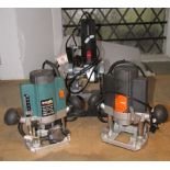 A Black spur electric router - 8 mm, a further router and a Parks angle grinder and stand, virtually