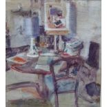 Leslie Low (20th Century School) interior scene in artists studio, gouache, signed and dated, 45 x