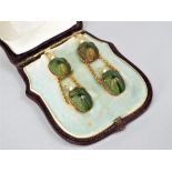 Egyptian revival interest - a pair of Victorian scarab beetle drop earrings set with pearls, in