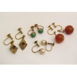 Four pairs of 9ct earrings with screw fastenings, to include a pair set with cabochon turquoise