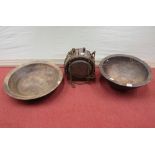 Two early dairy bowls and flask in oak, iron banded (3)