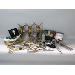 A box of interesting items to include three cast gilt metal angels, a collection of flatware, a
