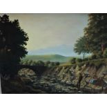 John D MacLaughlin (20th century) - River scene with fishermen and female companion, oil on